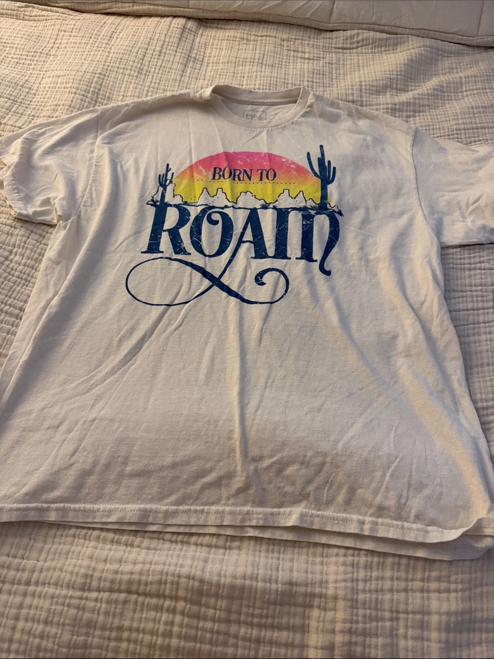 Full Tilt White Tee with Pink & Yellow Sunset and Navy 'ROAM' Graphic